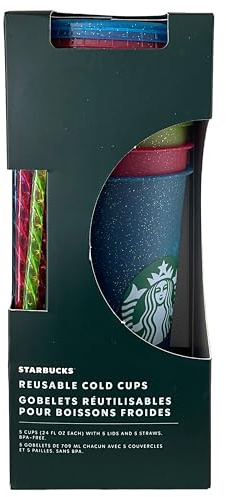 STARBUCKS Wiederverwendbare Weihnachtsfeiertags-Becher 2023, Set mit 5 festlichen Tassen mit Deckel und Strohhalm, Venti, 24 Unzen, 709 ml