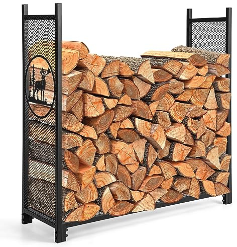COSTWAY Porte Bûche en Maille Motifs de Cerfs, Grande Capacité 140kg | Range Bûche de Bois de Chauffage, Rangement Extérieur Intérieur pour Poêle, Brasero, 121 x 38 x 117 cm