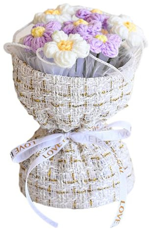 Nishiyuenyi Handgefertigter Blumenstrauß Aus Wolle, Bunter Blickfang für Zuhause, Geschenkidee Zum Muttertag, Violettweiß