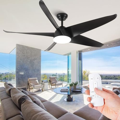 OUENGK 152cm Ventiladores de Techo Negros Modernos con Luces, Ventiladores de Techo de Exterior Grandes con Mando a Distancia Motor de CC Reversible