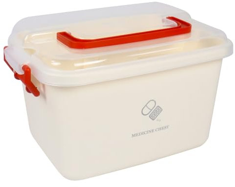 Gzsekken Medicine Storage Box,Plastic First Aid Box with Handle and Removable Tray, Lockable Medicine Organizer Box First Aid Box with Clear Lid Clip Locked- BPA Free,Red Handle L28 x W21 x H18cm