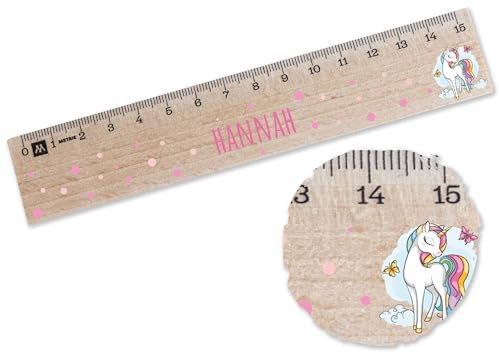 Holz Lineal 15cm - Einhörner - Einhorn Holzlineal für Mädchen | Geschenk für Grundschule und Einschulung für Schulanfängerinnen mit Namen - 15 cm - Holz - 15 cm geschenke unicorn holz-lineal