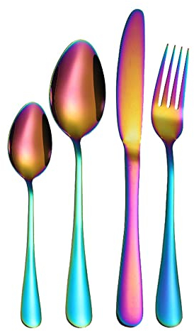 Cutlery Set, Stainless Steel Flatware Set,transparent plastic, Spoon Knife and Fork Set,16-Piece Modern Kitchen Silverware Tableware Set Service for 4 People,18/10 Stainless Steel Flatware Set,Titaniu