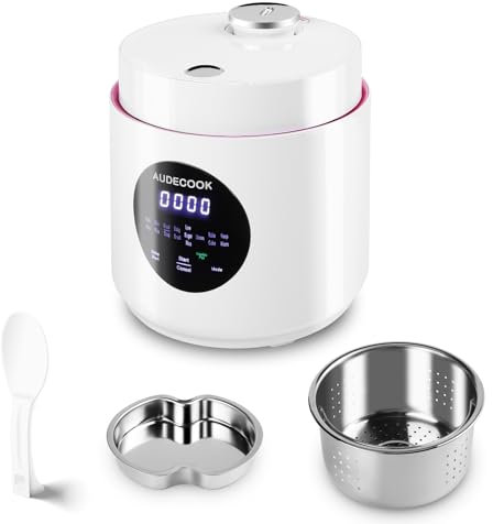 Audecook Olla Arrocera Pequeña de 1,5 l Con Función Baja en Carbohidratos y Vaporera, Mini Olla Arrocera, Multicocina Digital, Temporizador, Calentamiento Para 3 Personas (Blanco)