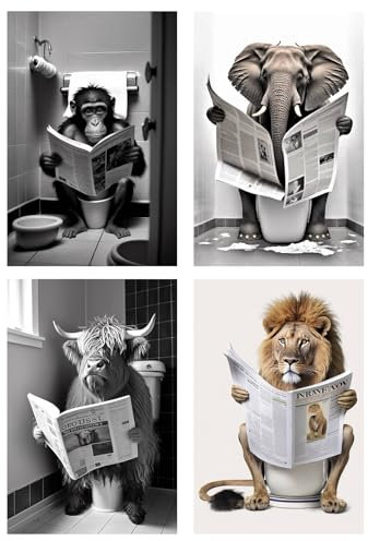 YILANJIN Poster Decorativo, 4 Pezzi Poster Estetico Vintage con Simpatico Animale, Carino giornale Animale Parete Arte in Bianco e Nero, Decorazione da Parete per Bagno, Casa, Toilette (21×30 cm)