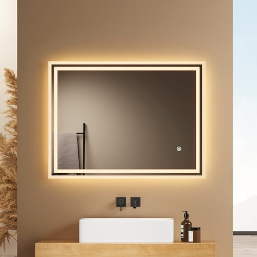 EMKE Badspiegel mit Beleuchtung 80x60cm, 3 Lichtfarben dimmbar | Badezimmerspiegel mit Anti-Beschlag-Funktion, Touchschalter, Speicherfunktion, automatische Abschaltung nach 3 Stunden