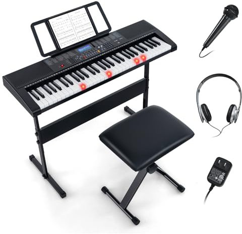COSTWAY Keyboard Piano für Anfänger mit 61 Tasten, Digitalpiano mit 600 Tönen, 400 Rhythmen, 50 Demos, 3 Lernmodi, inkl. Ständer, Hocker, Mikrofon, Kopfhörer, E Klavier Digital Piano
