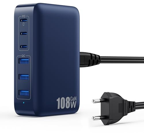 108W Chargeur USB C Multiple, 6 Ports GaN III Tech Chargeur Rapide Prise Station de Charge avec 3 PD & 3 QC Multiprise USB Station pour iPhone 16/15 Huawei Sumsung Switch etc