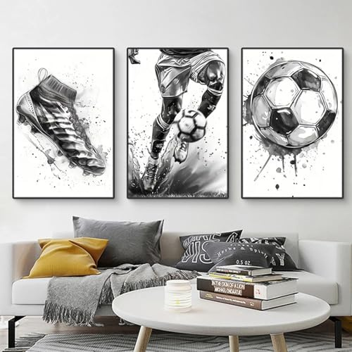 3er Fußball Poster Set, Minimalistisches Fußball-Bilder in Schwarz und Weiß, Modern Kampagnen Wandbilder Wohnzimmer, Leinwandbilder Wandposter Wanddeko für Schlafzimmer, ohne Rahmen (40x50cm)