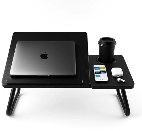 Laptop Bed Table with Foldable Legs & Cup Holder - Adjustable Folding Laptop Desk for Bed, Sofa, Floor or Office - Portable Lap Desk Tray with Book & Notebook Stand (Black)