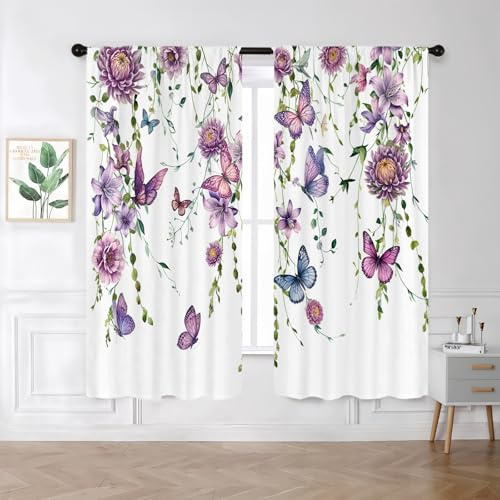 Famiffty Purple Floral Butterfly Window Curtains 42W X 63L Inches 2 Panels Lilac Flower Lavender Spring Farmhouse Window Drapes Treatment Simple Leaf Summer Girl Bedroom Living Room Curtain Home Decor