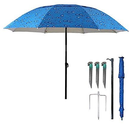 Parasol Pêche Portable Pêche légère Parapluie de Protection Solaire extérieure pour la Plage, revêtement en Argent à l'intérieur avec l'inclinaison de l'ancrage de Sable (Couleur: Bleu)
