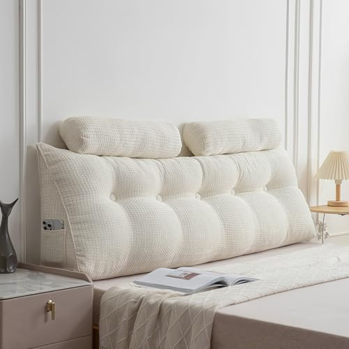 MONDEX Rückenkissen mit Nackenrolle, Lesekissen für Bett und Sofa, Ergonomie Lang Bettkissen Rückenlehne, Groß Keilkissen Rückenstützkissen mit Seitentaschen, Abnehmbar & Waschbar Bezug,Beige,140cm