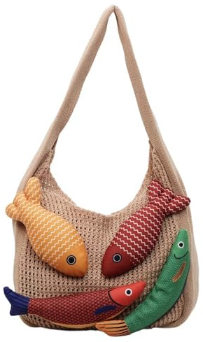 Rwoora 3D Fish Knitted Fringe Tote Bag, Large Capacity Shoulder Bag Beach Purse Hobo Vacation Handbag for Women (Khaki)