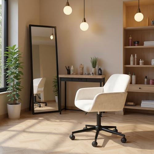 FurnitureR Beige Friseurstuhl, Modernes Design, Chenille Material, Höhenverstellbar, Ergonomisch, Mit Rollen, Platzsparend