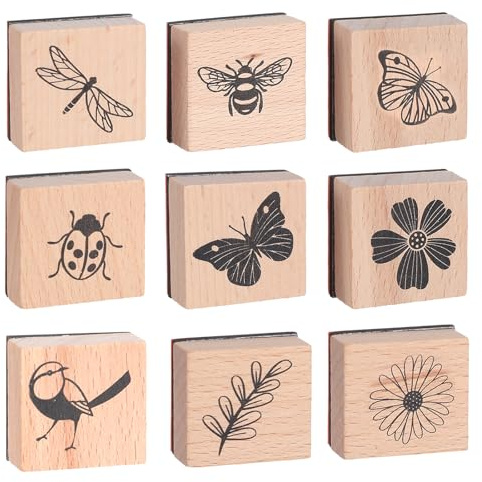 9 Stück Vintage Holzstempel,Stempel Holz,Schmetterling Blumen Motive Holzstempel Set,Naturpflanzen Mustern Vintage Motivstempel,für DIY Handwerk Basteln Scrapbooking