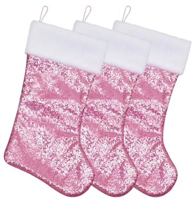 3E Home Fuchsia Pink Sequin Christmas Stockings, 3 Pack 46 cm (18 Inch) | Bright Pink Sparkle for Playful Christmas Trees and Party Displays
