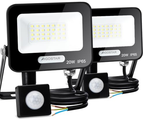 Aigostar- 20W Foco LED con Sensor Movimiento, Super Brillo Focos Exterior, 1650LM, Blanco Frío 6500K, IP65 Impermeable, Proyector LED Exterior, Perfectas para Jardín, Garaje, Patio, Paquete de 2
