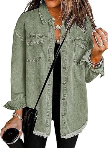 TANMESSO Överdimensionerad denimjacka för kvinnor, ledig långärmad sliten jeansskjorta, höstkläder, ljusgrön, XXL
