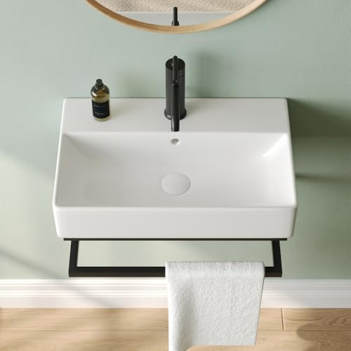 DeerValley Wall Mount Bathroom Sink with Towel Bar 56.4x36.5cm | White Floating Rectangular Basin, Lavatory Vanity, Faucet Hole & Overflow, Small Bathroom Design, Easy Clean