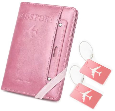 SparkleJoy Reisepasshülle mit RFID 2 Kofferanhänger PU Leder (Rosa) | RFID Reisepasshülle aus PU Leder mit 2 Aluminium Kofferanhänger, 3 Kartenfächer, SIM-Fächer, wasserdicht, Reise-Set