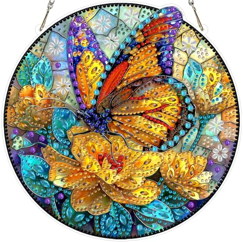 AIRDEA DIY Monarch Butterfly Diamond Art Ornament Kit for Adults, Double-Sided Stained Glass Roses Diamond Painting Hanging Kit, DIY Acrylic Special Shaped Drills Hanging Suncatcher