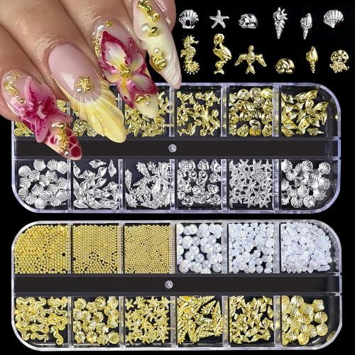 MissJelly Nail Charms, 2Boxen Gold Silber Sommer Nagel Charms 3D Gold Ozean Seestern Nail Art Dekoration, 3D Gold Nail Gems Nagel Deko für Frauen Acryl Nagel