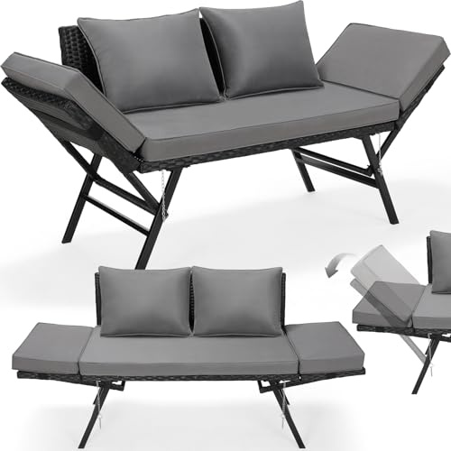 LIFERUN Gartenbank Polyrattan mit Liegefunktion, 2-Sitzer Polyrattan-Möbel, Rattan Gartensofa mit Verstellbare Armlehnen, Gartenbank Wetterfest für Terrasse, Garten,Balkon (Schwarz),2PCS Kissen