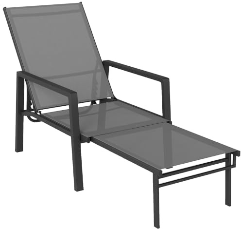 Outsunny Sonnenliege mit einziehbarer Fußstütze, 5-fach verstellbare Liege Gartenliege, Garten Chaiselongue Sonnenliege Liegestuhl mit Stahlrahmen für Strand, Veranda, Terrasse, Dunkelgrau