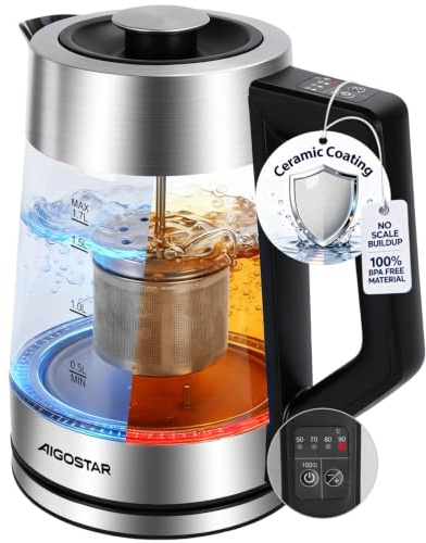 Aigostar 1.7L Glass Kettle, 5 Temp Settings & Anti-Scale Ceramic Base | 2200W Fast Boil, Anti-Limescale Ceramic Base, Removable Tea Infuser, Colour-Changing LED & BPA-Free Glass