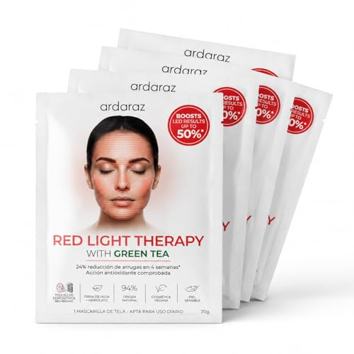 Ardaraz Red Light Therapy ansiktsmask med grönt te, förstärka din röda ljusterapi LED — Pack 5-pack anti-rynk och fuktgivande mask, kompatibel med alla enheter, känslig hud