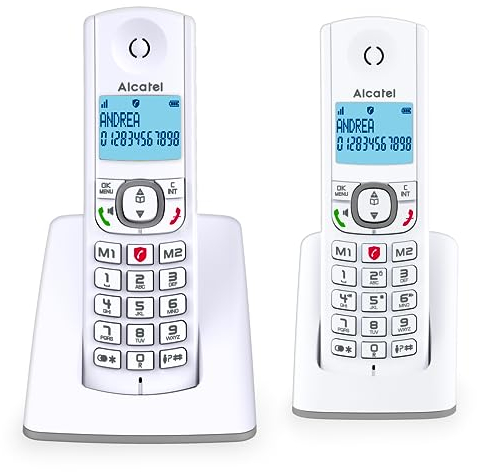 ALCATEL F530 Duo - Téléphone Fixe Sans Fil DECT - Grand Écran Rétroéclairé - Mains Libres - Fonction Blocage Des Appels - 2 Touches De Mémoires Directes - 2 Combinés - Blanc/Gris