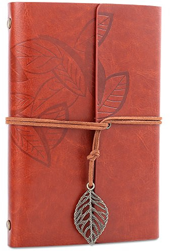 H&S Diario Personal de Cuero PU Marrón - Cuaderno de ViajeVintage para Escribir - Diarios con Colgante de Hoja para Adultos