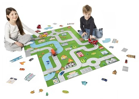 Filzglück Flexible Spielstraßen, Stadtplanung, Spielmatte zum Selbstgestalten, Autospielzeug, 70 Klett-Teile, 75 x 104 cm