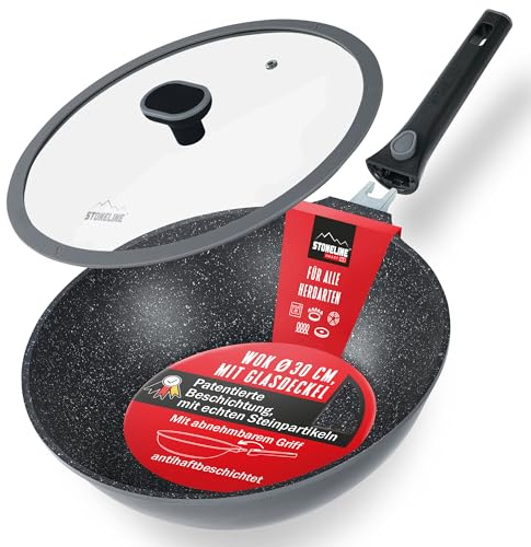 STONELINE SMART Wokpfanne 30 cm, 4,8 L Servierpfanne Große Pfanne mit Deckel, Abnehmbarem Griff, Aluguss Pfanne Induktion, Alle Herdarten, Antihaftbeschichtet mit echten Steinpartikeln, Grau