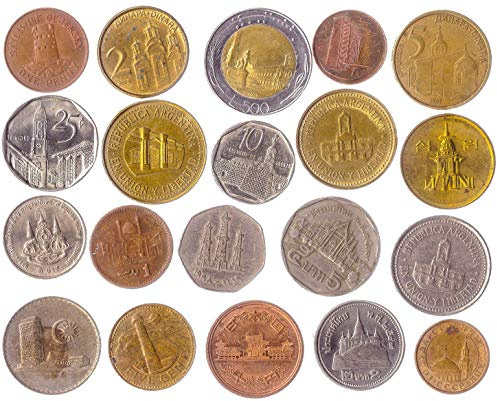 10 Münzen mit diesen Gebäuden: Tempel, Kirchen, Kathedralen, Burgen, Zitadellen, königliche Residenzen, Paläste, Herrenhäuser, Banken, Basiliken