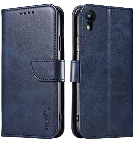 LOLFZ Wallet Case for iPhone XR, Vintage Leather Book Case with Card Holder Kickstand Magnetic Closure Flip Case Cover for iPhone XR - Blue