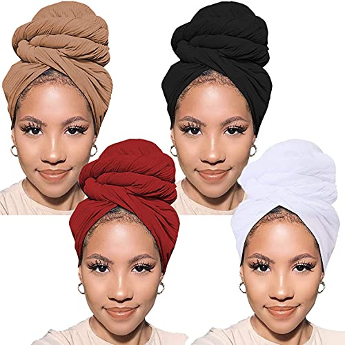 Xtrend 4 delar stretch jersey turban huvudsjal stickade huvudbonader urban hår halsduk enfärgad andningsbar ultramjuk extra långt pannband slips för kvinnor (kamel, vinröd, svart, vit)