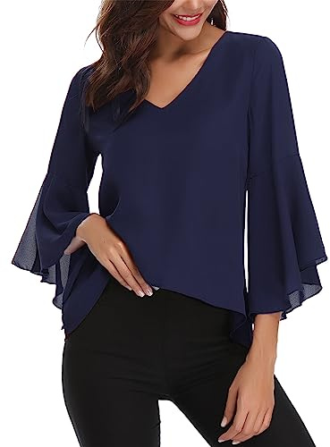 Gyabnw Kvinnors Casual chiffong blus Sommar Elegant Andas 3/4 ärm Ruffles V-ringning Klassisk Ljus blus, Nattblå, S