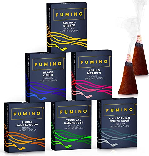 Fumino Räucherkegel-Set Essentiell Multipack - Frische Räucherkerzen mit Masala Agarbatti Joss Räucher Duft - 6 Boxen, 90 Räucherkegel - Räucherpyramiden Weihrauch für Entspannung & Meditation
