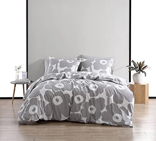 Marimekko Queen-Bettwäsche-Set, Baumwoll-Bettwäsche mit passenden Kissenbezügen und Knopfverschluss, Ganzjahresdekoration (Unikko Grau, Queen)