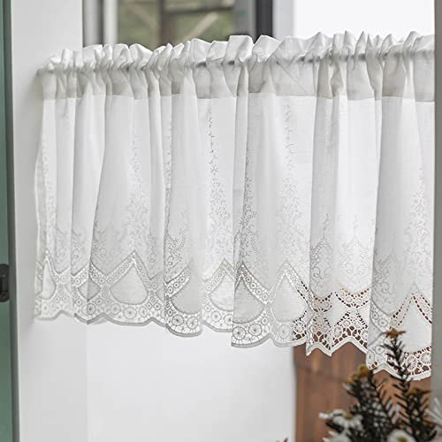 V3VOGUE Kurzer Küchen Gardinen Mit Weißer Spitze - Baumwolle Leinen Bestickten Vorhänge, Bequemen, Romantischen, Gardinenschals Fensterschal Vintage Bistrogardinen, 1 Stück