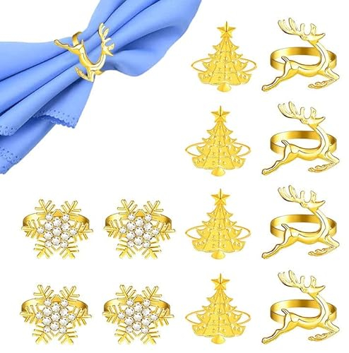 OTTYMO Weihnachts-Serviettenringe Set - 12 Stück Goldene Metall Napkin Rings Mit Schneeflocken und Elch Design (4 cm Durchmesser)