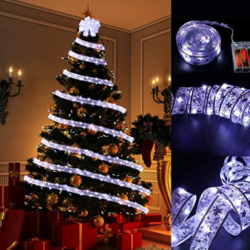 Guirlandes Lumineuses à Ruban Brillant Lumière de Noël à Ruban 40 LED de 4M Fonctionnant sur Batterie Ruban Sapin Noël Arc en Dentelle DIY Décor Arbre de Noël Intérieur Extérieur