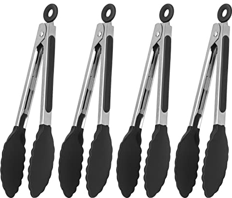 Serving Tongs Kitchen Tongs - Heat Resistant, Premium Stainless Steel Locking Cooking Tongs with Silicone Tips, Non-Slip Food Tongs for Cooking, Heavy Duty, Non-Stick (9 Inch(4 Pack))