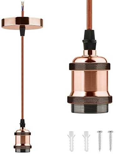 Glirowy Vintage Ceiling Pendant Light Fitting, Braided Flex E27 Lamp Holder Copper Ceiling Rose with 1.1M Cable-Red Antique Copper