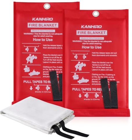 kanhiro brandfilt nödsituation för hemmakök - glasfiber brandskydd filt perfekt för skola, öppen spis, grill, bil, kontor, lager (2-pack, 99 cm x 99 cm)