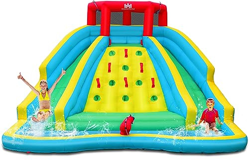 COSTWAY Castello Gonfiabile per Bambini, Parco Acquatico Gonfiabile con 2 Scivoli, Piscina, Parete di Arrampicata, Cannone, Borsa di Trasporto e Kit di Riparazione, 452x362x228 cm (Senza Soffiatore)