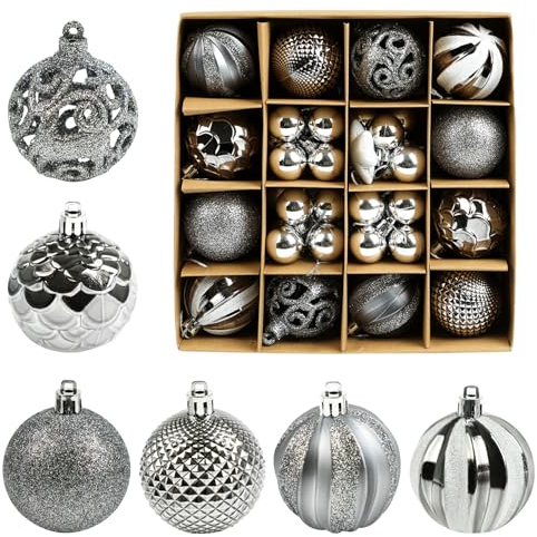JOFONY Weihnachtsbaumkugeln,42 Stück Weihnachtskugeln Set,Christbaumkugeln Weihnachtsbaumschmuck Weihnachtskugeln Silbergrau Ball und Stern Baumkugeln für Indoor Outdoor Weihnachtsbaum Deko