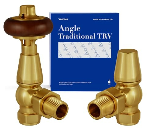VANCOCO Traditional Polished Brass Angled Radiator Valve & Lockshield 1/2×15mm, Thermostatic TRV Pair for Cast Iron or Modern Radiators with Solid Wood Handwheel